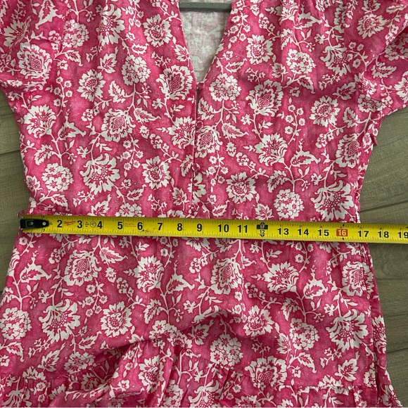 J. McLaughlin Pink Floral Cunningham Elbow Sleeve Linen V Neck Boho Maxi Dress M - Picture 9 of 11